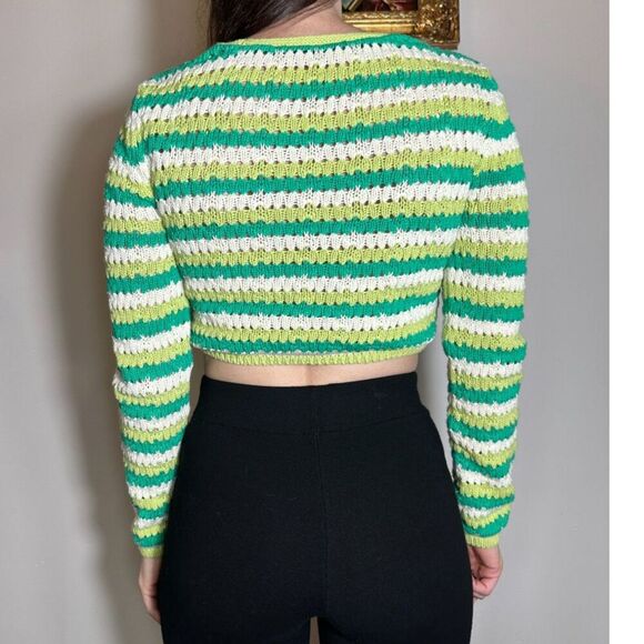 Zara Green White Crochet Striped Button Down Cropped Sweater Size Small - Picture 3 of 6